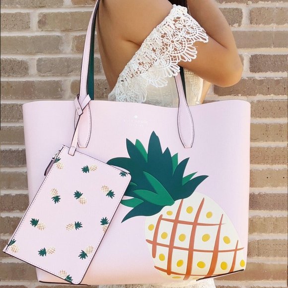 Kate Spade Colada Large Pineapple Printed Reversible Tote Pink Green + Pouch - Picture 2 of 5